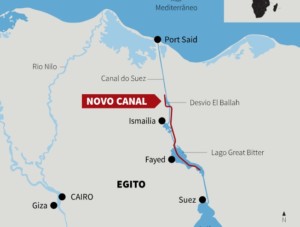 Mapa com indicações das reformas no Canal de Suez. (Fonte: The Guardian)